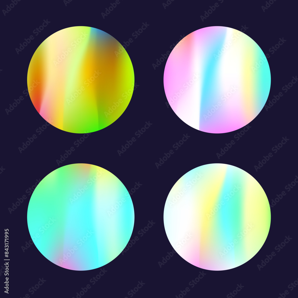 Holographic abstract backgrounds set. Gradient hologram. Vibrant holographic backdrop. Minimalistic 90s, 80s retro style graphic template for flyer, poster, banner, mobile app. Holographic abstract backgrounds set. Gradient hologram. Vibrant holographic backdrop. Minimalistic 90s, 80s retro style graphic template for flyer, poster, banner, mobile app.