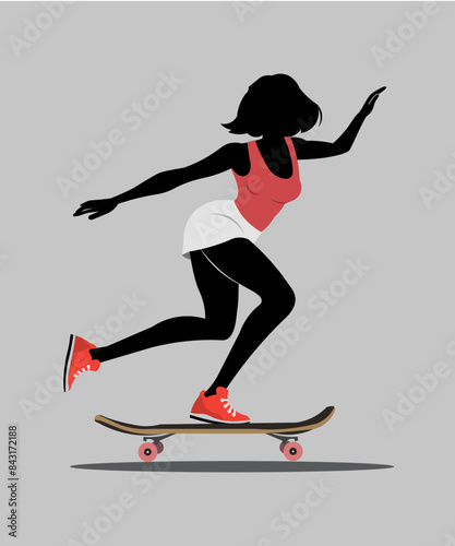 Vector illustration of a sporty woman workout skateboarding, hobby and leisure photo