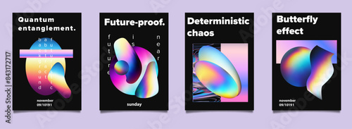Set of abstract posters with complex 3d shapes in holographic bright neon colors. Ideal for invitations to scientific conferences and symposiums.
