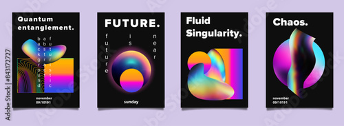 Set of abstract posters with complex 3d shapes in holographic bright neon colors. Ideal for invitations to scientific conferences and symposiums.