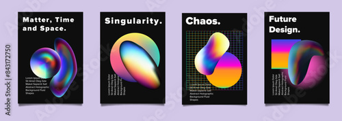 Set of abstract posters with complex 3d shapes in holographic bright neon colors. Ideal for invitations to scientific conferences and symposiums.