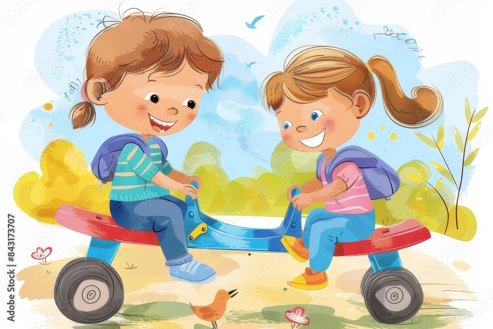 A cheerful illustration of two animated kids enjoying playtime on a seesaw in a sunny park setting
