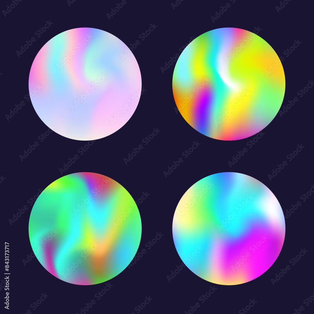 Holographic abstract backgrounds set. Gradient hologram. Plastic holographic backdrop. Minimalistic 90s, 80s retro style graphic template for brochure, banner, wallpaper, mobile screen. Holographic abstract backgrounds set. Gradient hologram. Plastic holographic backdrop. Minimalistic 90s, 80s retro style graphic template for brochure, banner, wallpaper, mobile screen.