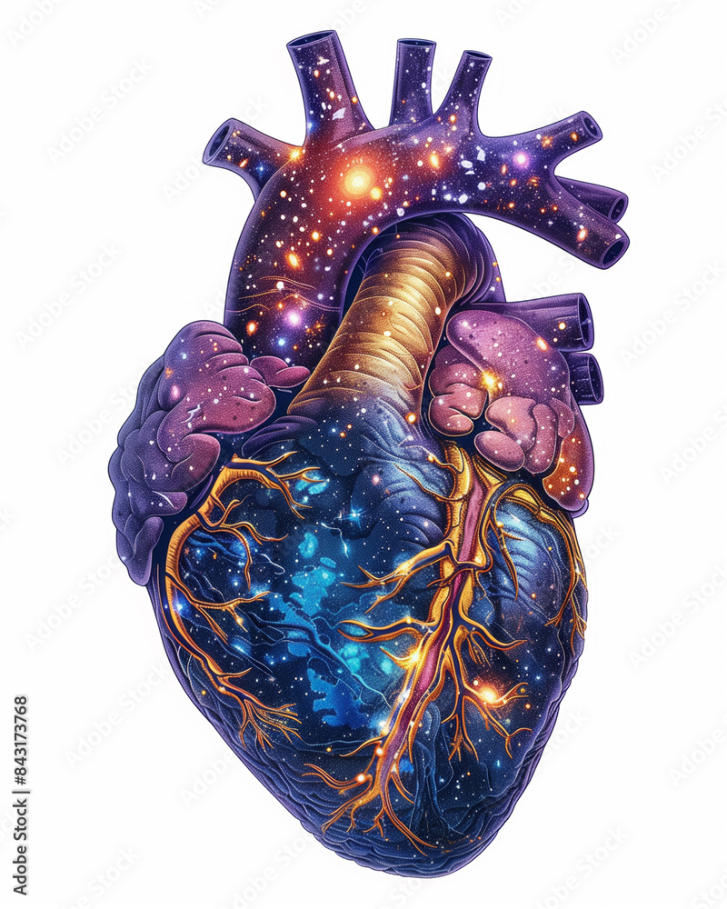 Naklejka premium watercolor anatomical heart made of galaxy
