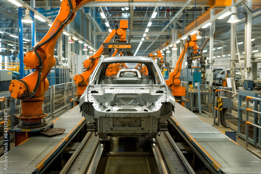 Automobile assembly line production. Automated robot arm welding in a car factory. Industrial manufacturer concept. Generative AI Automobile assembly line production. Automated robot arm welding in a car factory. Industrial manufacturer concept. Generative AI