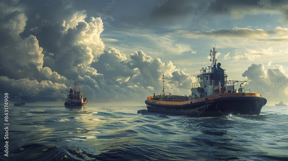 Fototapeta premium An ocean tug on the open sea next to another ship. Cargo ships. A modern tugboat pulls a ship on a cloudy day. Transport concept.