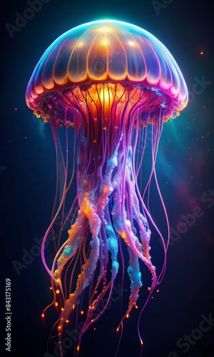 Vibrant glowing jellyfish floating in the ocean © David