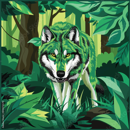 Green wolf perfectly camouflaged eyes sharp in lush forest vector illustration