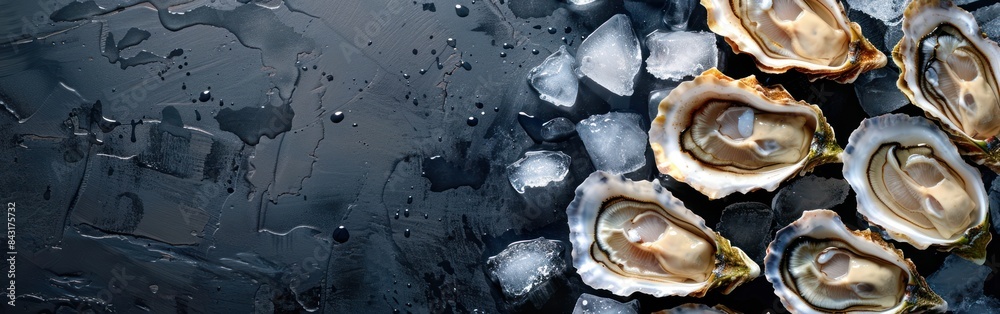 Freshly Opened Oysters on Ice - Mouthwatering Food Photography Background Square, Isolated on Black Table Freshly Opened Oysters on Ice - Mouthwatering Food Photography Background Square, Isolated on Black Table