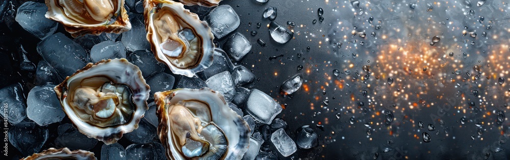 Freshly Opened Oysters on Ice - Mouthwatering Food Photography Background Square, Isolated on Black Table Freshly Opened Oysters on Ice - Mouthwatering Food Photography Background Square, Isolated on Black Table