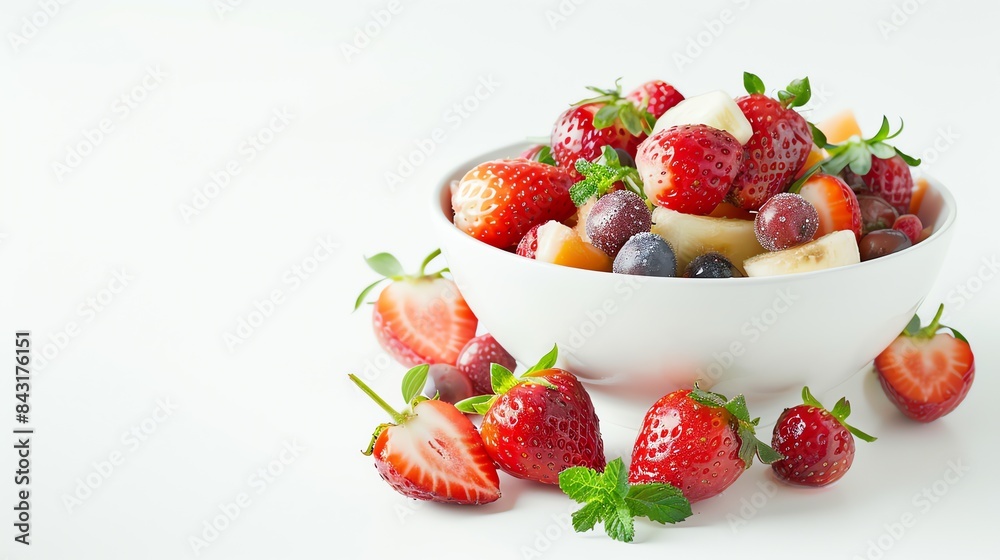 Fresh and delicious fruit salad with strawberries, blueberries, grapes, and bananas in a white bowl on a white background. Fresh and delicious fruit salad with strawberries, blueberries, grapes, and bananas in a white bowl on a white background.