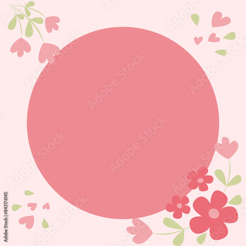 Floral frame for greeting card or invitation vector design template in modern simple style and elegant pastel colors. Postcard with flowers, petals, hearts ornament. Wedding invite design template.