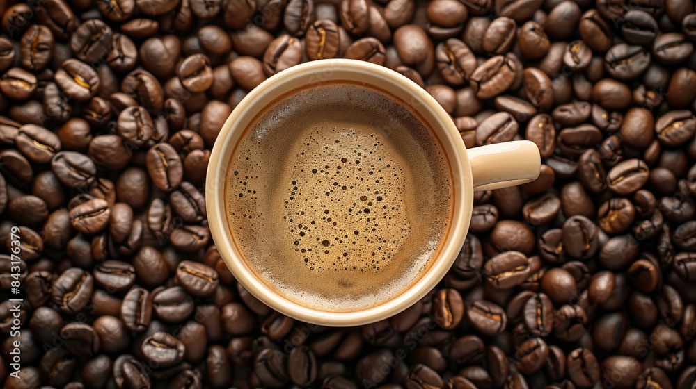 Fototapeta premium Organic coffee cup filled with coffee beans displayed on a background of scattered coffee beans