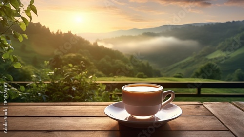 A serene morning view with a hot cup of coffee on a wooden table, overlooking misty mountains and a vibrant sunrise.