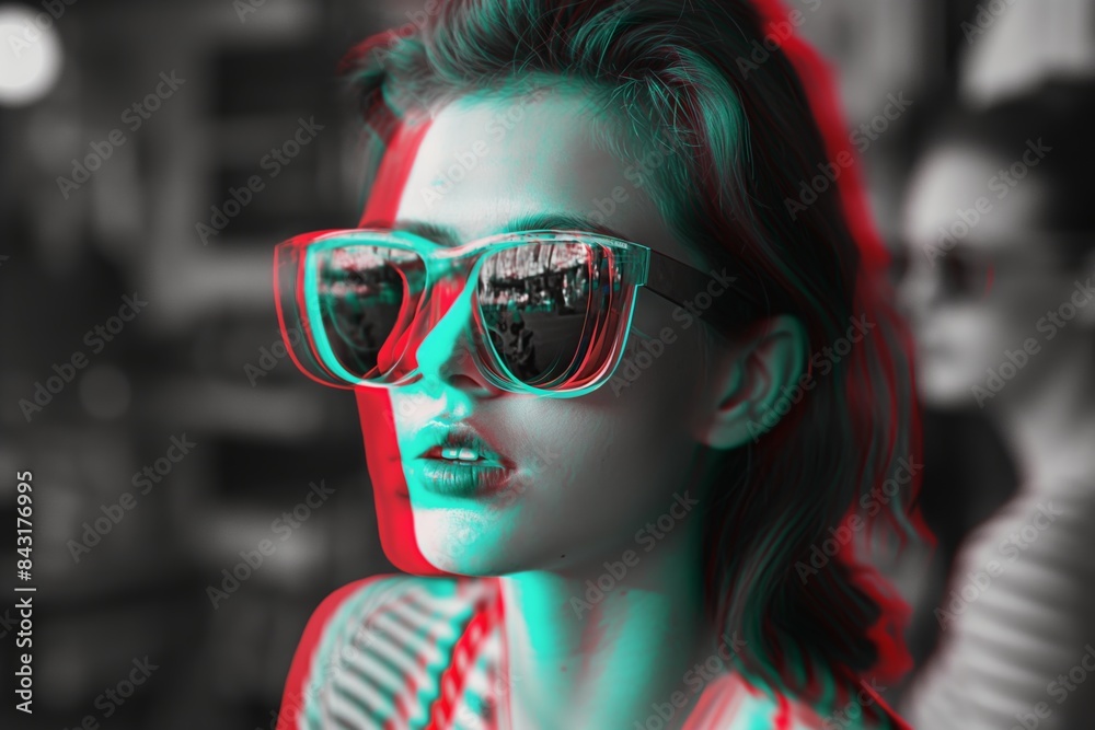 A person's profile with hair and ear showing has the anaglyph 3D blurry effect adding a surreal touch A person's profile with hair and ear showing has the anaglyph 3D blurry effect adding a surreal touch