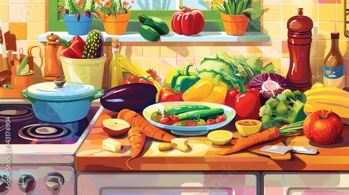 A beautiful still life of a kitchen counter with fresh vegetables, fruit, and herbs.