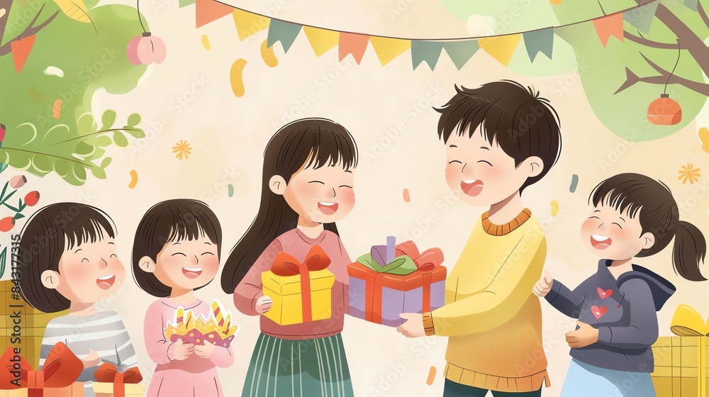 A family is celebrating a birthday. The father is holding a present for his son. The mother is holding a present for her daughter. A family is celebrating a birthday. The father is holding a present for his son. The mother is holding a present for her daughter.