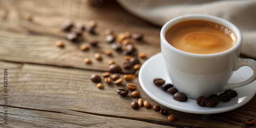 Cappuccino in a white cup surrounded by coffee beans on a textured wooden background Cappuccino in a white cup surrounded by coffee beans on a textured wooden background