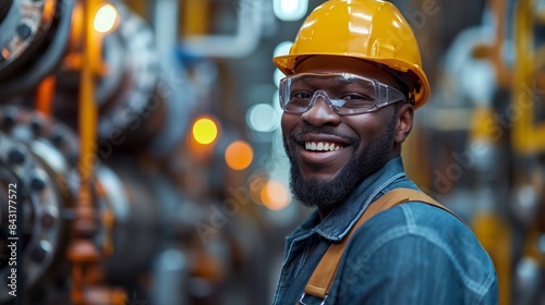 Portrait of technician standing inside heating plant boiler department. Portrait of Engineer standing near pipes.