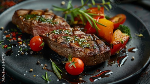 A delicious and juicy steak, cooked to perfection, is served on a black plate with roasted vegetables and cherry tomatoes. photo