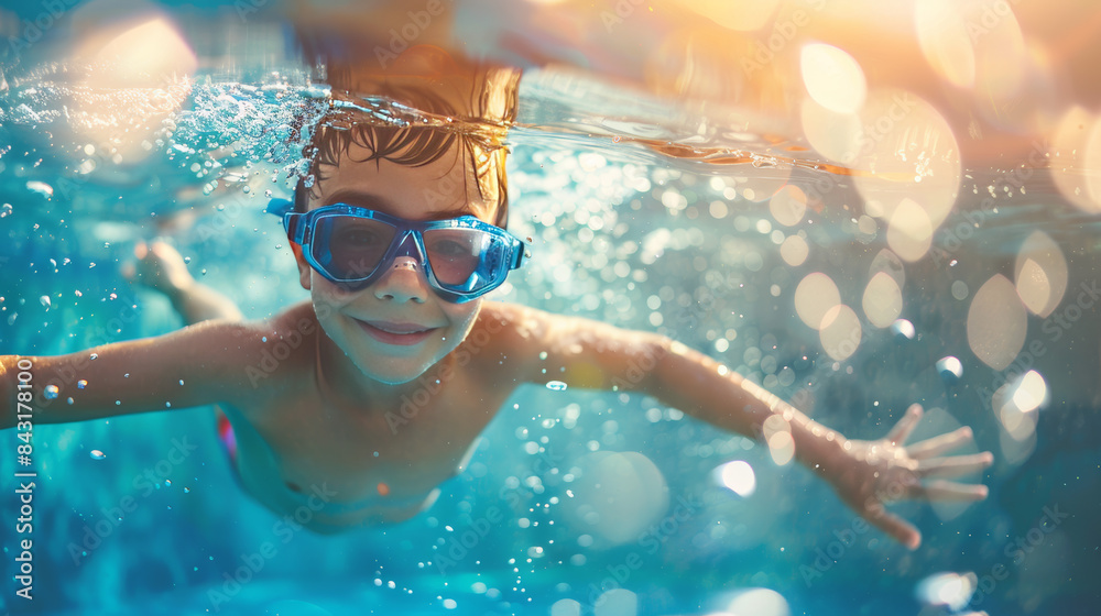 Fototapeta premium A joyful young boy swims and dives underwater