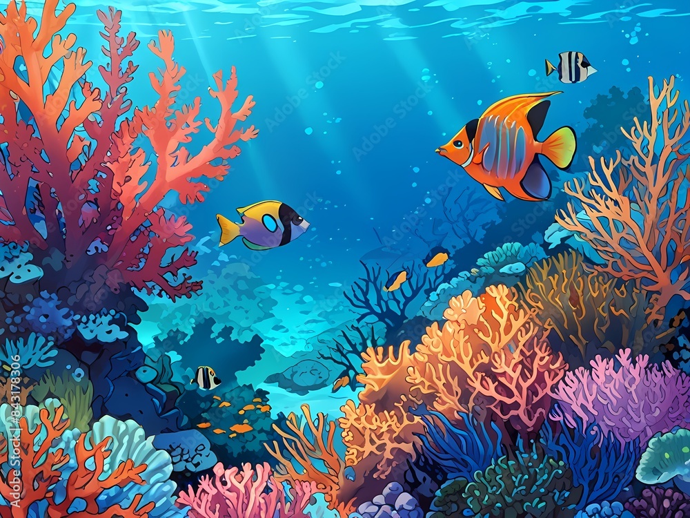 Title:
3d illustration of underwater sea colorful tropical fish in the coral reef.
