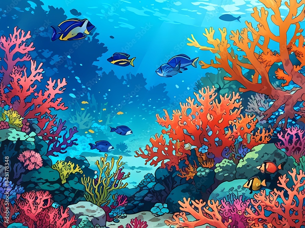 Naklejka premium Title: 3d illustration of underwater sea colorful tropical fish in the coral reef.