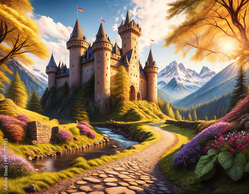 epic majestic scenery with fairy tale castle surrounded with a beautiful landscape and forest covered with a lush vegetation under a bright sky created with using Generative Ai Technology