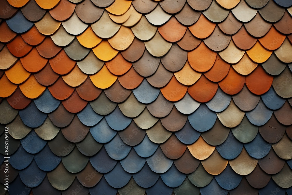 Beautiful multicolored ceramic tile roof pattern with overlapping fish scale design, featuring warm and cool tones. Beautiful multicolored ceramic tile roof pattern with overlapping fish scale design, featuring warm and cool tones.
