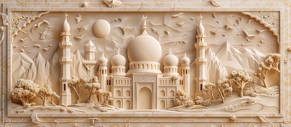 Beautiful mosque 3d relief wallpaper. Mural wallpaper. Wall art. AI generated illustration. Beautiful mosque 3d relief wallpaper. Mural wallpaper. Wall art. AI generated illustration.