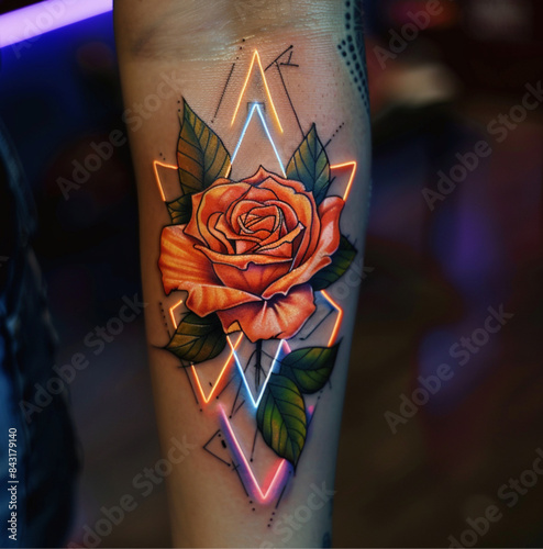  red rose with two diffrent color neon triangles behind it, tattoo design to fit forarm  photo