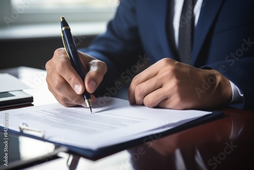 Businessman signing a document at his desk, emphasizing professionalism and the importance of legal agreements in business.