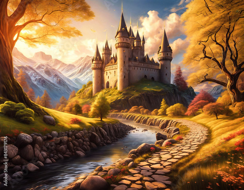 epic majestic scenery with fairy tale castle surrounded with a beautiful landscape and forest covered with a lush vegetation under a bright sky created with using Generative Ai Technology