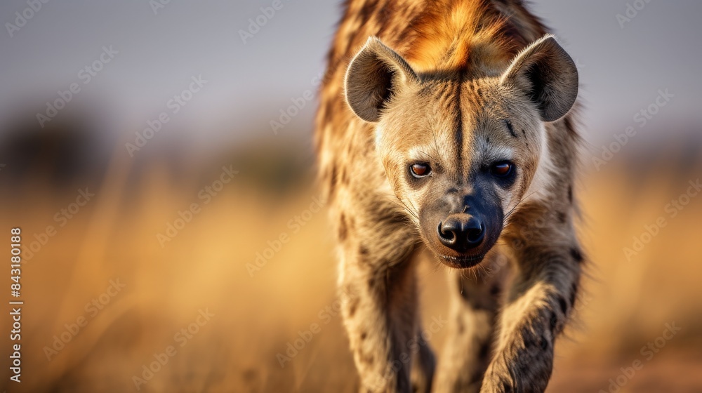 Close-up of a Hyena in its natural habitat. The image captures the intense gaze and distinct markings of the wild animal in a savanna setting.