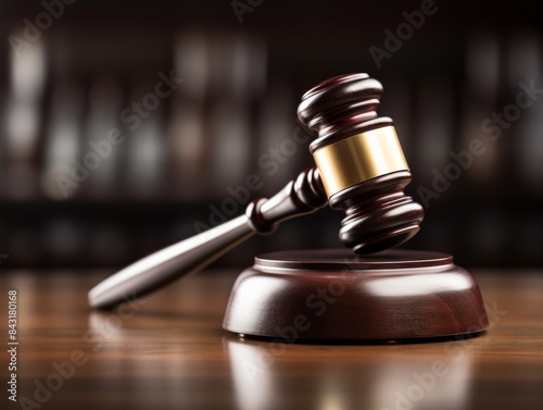 Close-up of a judge's gavel on a wooden table, symbolizing the concept of justice, law, and legal proceedings in a courtroom.