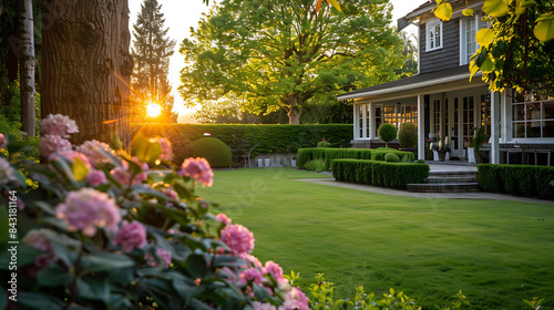 a well-manicured garden in front of a residential house during sunset. The garden includes a lush green lawn  flowering shrubs with pink blooms