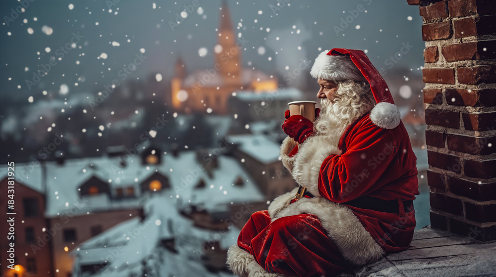 Santa Claus taking a break on a roof with a mug of hot chocolate on Christmas Eve