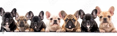 Collection of Funny and Cute French Bulldog Dogs  Black and White  Lying  Jumping  Sitting  and Laughing - Isolated on White Background - Pet Animal Banner Panorama