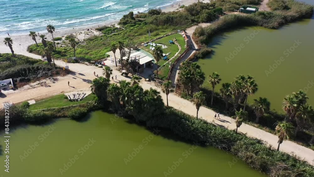 Aerial video over fish ponds and coastline in Jisr az Zarqa Israel Aerial video over fish ponds and coastline in Jisr az Zarqa Israel