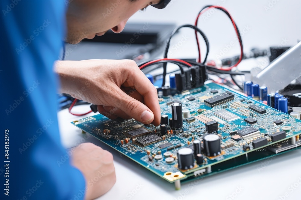 Close-up of an engineer working on a circuit board, focusing on intricate electronic components and wiring, showcasing technical expertise. Close-up of an engineer working on a circuit board, focusing on intricate electronic components and wiring, showcasing technical expertise.