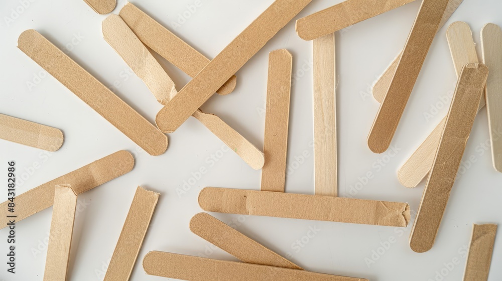 Craft sticks made from recycled paper arranged on a plain white surface Torn brown paper fragments isolated against a white backdrop Craft sticks made from recycled paper arranged on a plain white surface Torn brown paper fragments isolated against a white backdrop