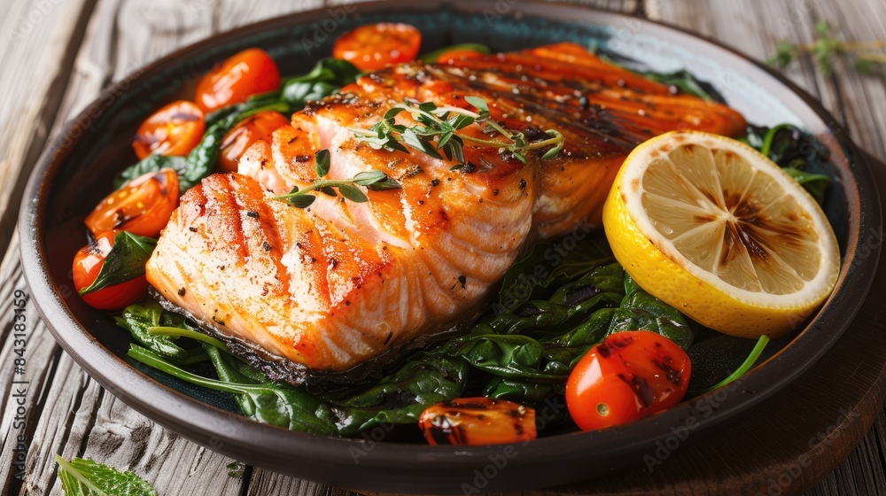 Grilled salmon fillet with a side of sauteed spinach lemon and fresh cherry tomatoes presented on a dark dish atop a wooden surface Grilled salmon fillet with a side of sauteed spinach lemon and fresh cherry tomatoes presented on a dark dish atop a wooden surface