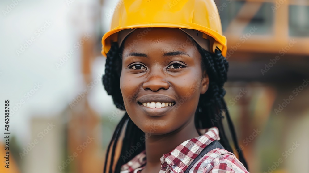 A young African American woman wearing a yellow hard hat is smiling at the camera. She is wearing a plaid shirt and has her hair in braids. A young African American woman wearing a yellow hard hat is smiling at the camera. She is wearing a plaid shirt and has her hair in braids.