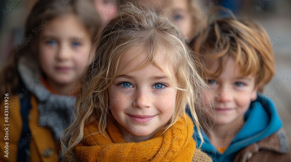 Fototapeta premium Group of diverse cheerful fun happy multiethnic children outdoors. Outdoor portrait of cheerful kids.