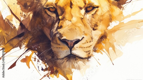 A striking depiction of a lion s face against a white backdrop photo