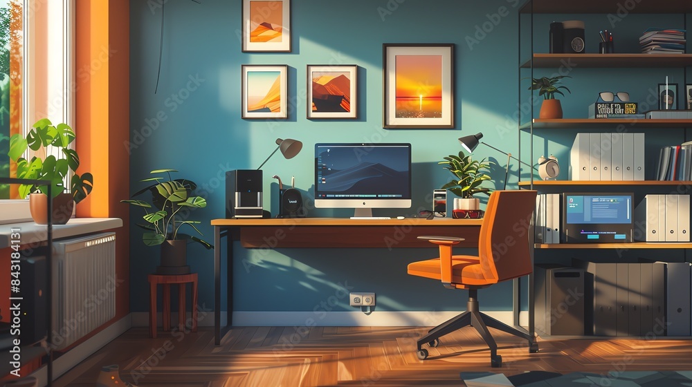 A home office with a large desk, a comfortable chair, and a computer. The room is decorated with plants, artwork, and a rug. A home office with a large desk, a comfortable chair, and a computer. The room is decorated with plants, artwork, and a rug.
