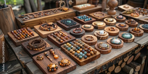 Wooden Jewelry Display at Artisan Market for bracelets and necklaces in bohemian style photo
