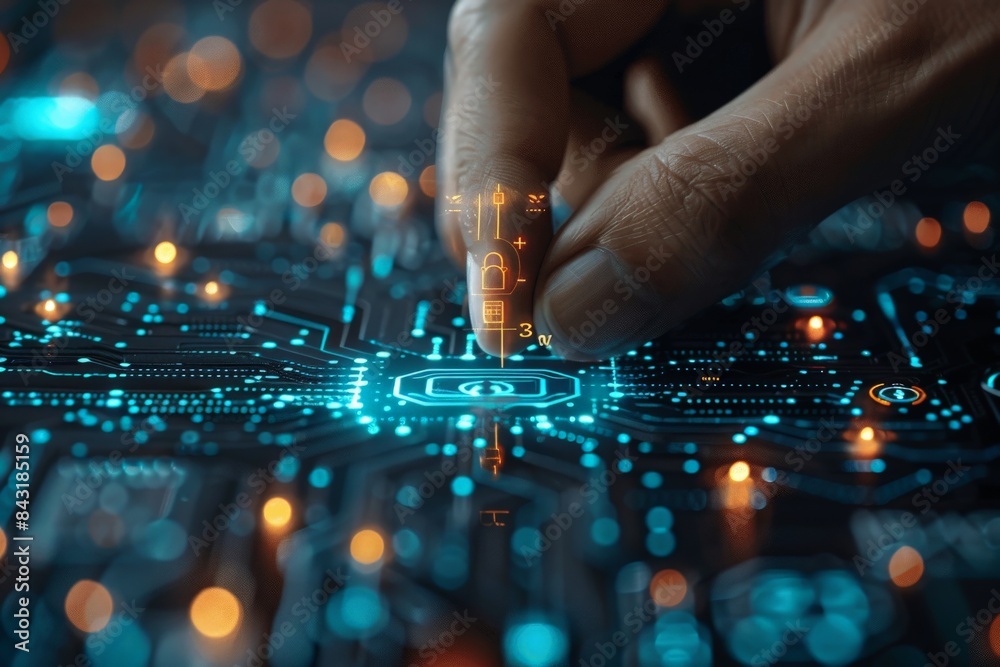 A persons hand is shown in close proximity, touching a circuit board A persons hand is shown in close proximity, touching a circuit board