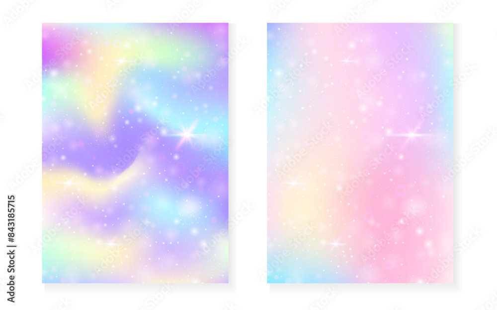 Unicorn background with kawaii magic gradient. Princess rainbow hologram. Holographic fairy set. Colorful fantasy cover. Unicorn background with sparkles and stars for cute girl party invitation.