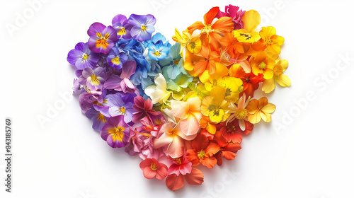 
Rainbow color heart made of flowers isolated on white background. This illustration represents concept of love for LGBTQ, gay, lesbian, pride and bisexsual. Digital illustration photo